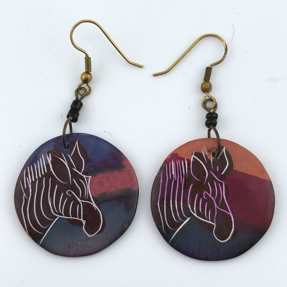 Artisan Zebra Etched Round Drop Earrings Purple Orange Boho Safari Jewelry